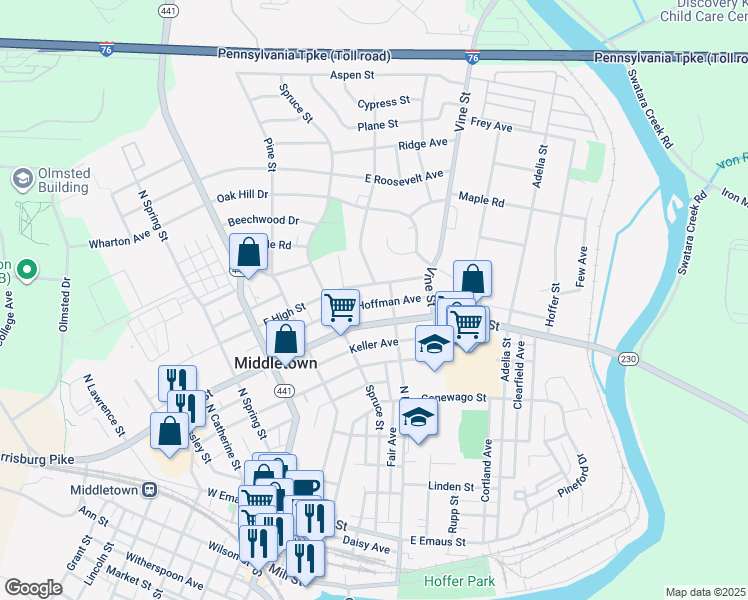 map of restaurants, bars, coffee shops, grocery stores, and more near 281 East Main Street in Middletown