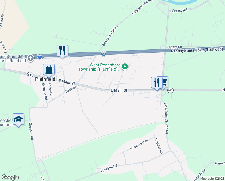 map of restaurants, bars, coffee shops, grocery stores, and more near 72 East Main Street in Plainfield