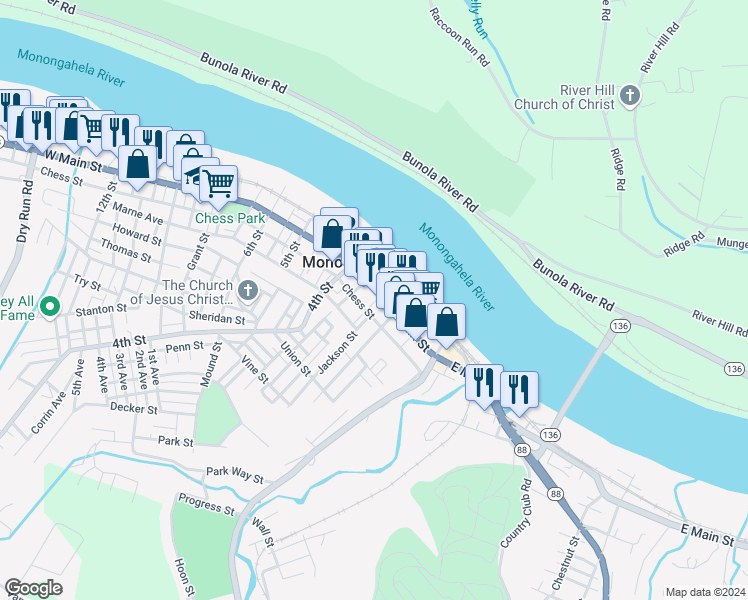 map of restaurants, bars, coffee shops, grocery stores, and more near 210 2nd Street in Monongahela