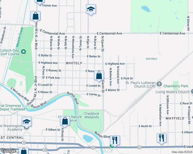 map of restaurants, bars, coffee shops, grocery stores, and more near 2013-2099 East Park Street in Muncie