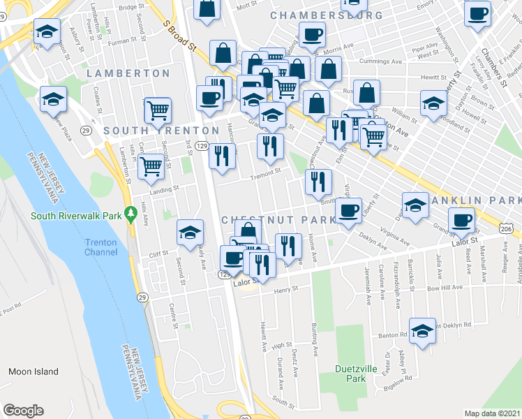 map of restaurants, bars, coffee shops, grocery stores, and more near 201 Jersey Street in Trenton