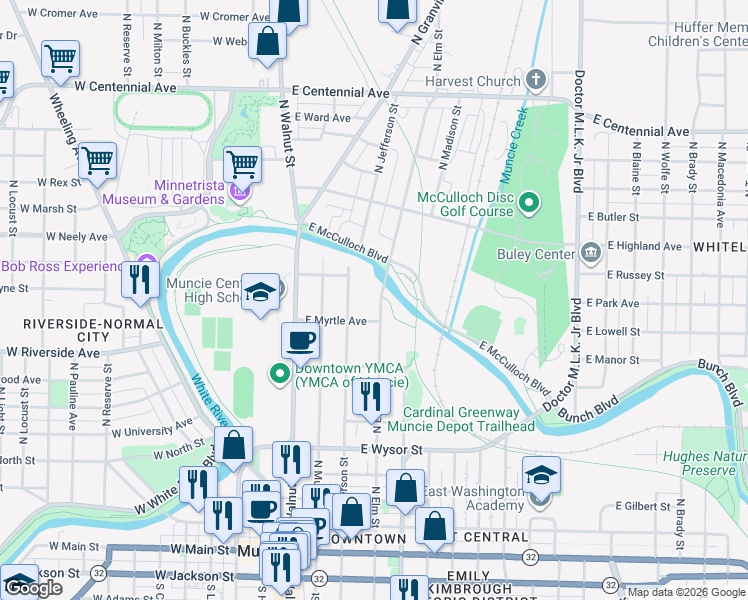 map of restaurants, bars, coffee shops, grocery stores, and more near 805 North Elm Street in Muncie
