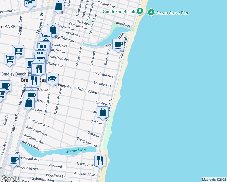 map of restaurants, bars, coffee shops, grocery stores, and more near 39 Ocean Avenue in Bradley Beach
