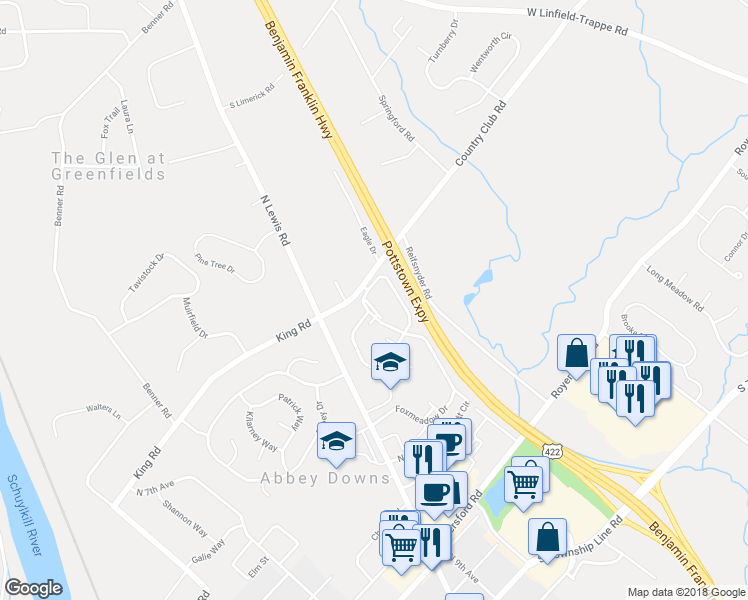 map of restaurants, bars, coffee shops, grocery stores, and more near 2314 Foxmeadow Circle in Royersford