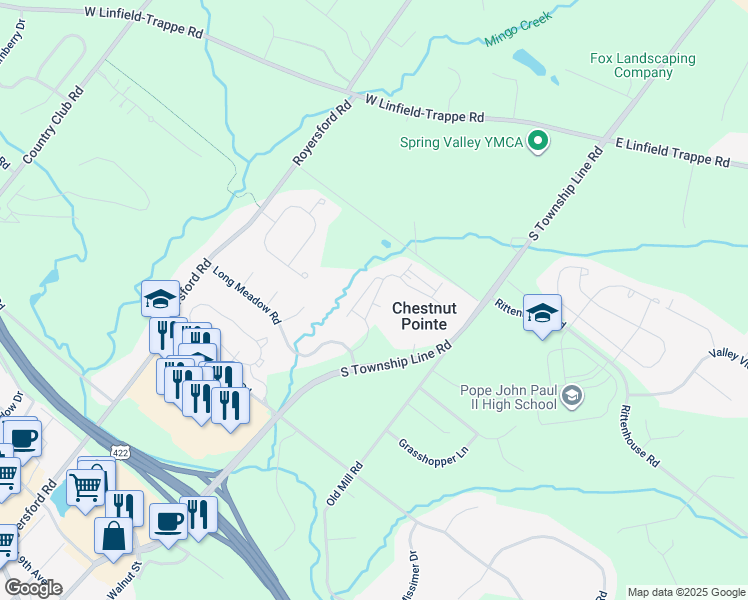 map of restaurants, bars, coffee shops, grocery stores, and more near 150 Morgan Drive in Royersford