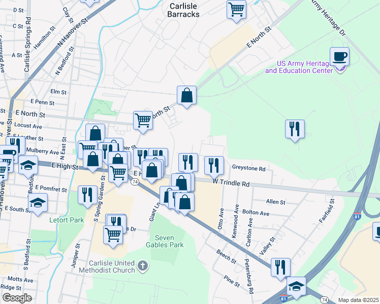 map of restaurants, bars, coffee shops, grocery stores, and more near 104 Spruce Street in Carlisle