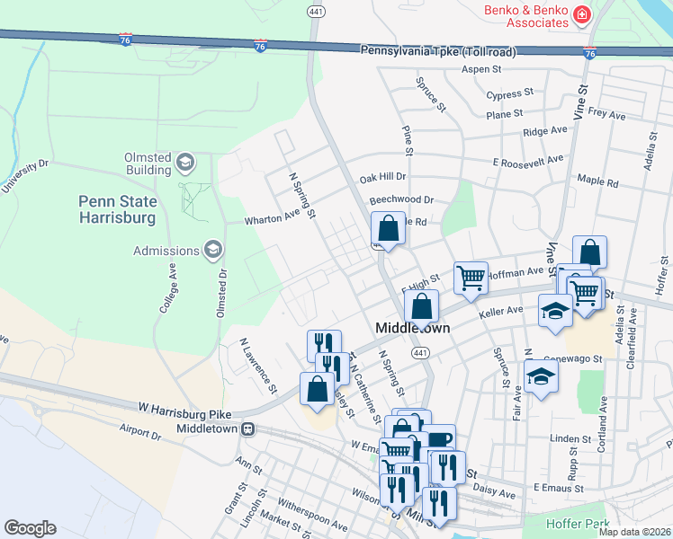 map of restaurants, bars, coffee shops, grocery stores, and more near 625 North Spring Street in Middletown