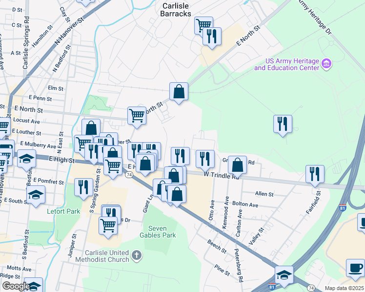 map of restaurants, bars, coffee shops, grocery stores, and more near 104 Spruce Street in Carlisle