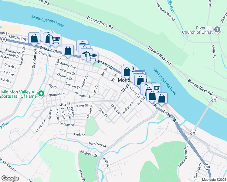 map of restaurants, bars, coffee shops, grocery stores, and more near 436 Carson Street in Monongahela