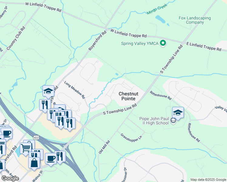 map of restaurants, bars, coffee shops, grocery stores, and more near 217 Morgan Drive in Royersford