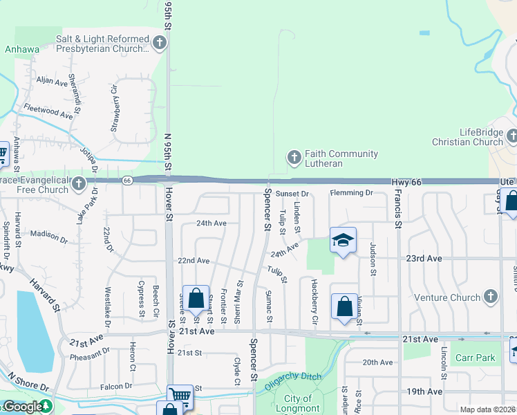 map of restaurants, bars, coffee shops, grocery stores, and more near 2407 Sherri Mar Street in Longmont