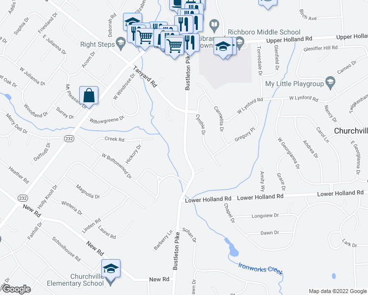 map of restaurants, bars, coffee shops, grocery stores, and more near 632 Bustleton Pike in Richboro