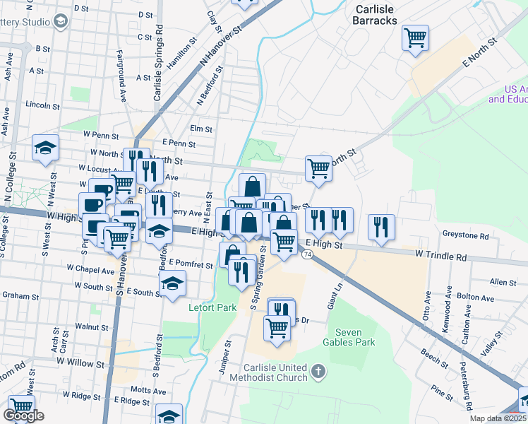map of restaurants, bars, coffee shops, grocery stores, and more near 68 North Spring Garden Street in Carlisle