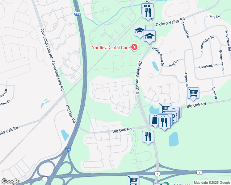 map of restaurants, bars, coffee shops, grocery stores, and more near 227 Zachary Way in Yardley