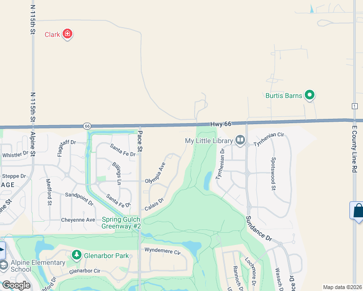 map of restaurants, bars, coffee shops, grocery stores, and more near 2405 Calais Drive in Longmont