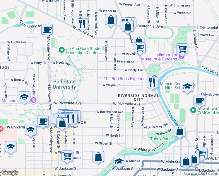 map of restaurants, bars, coffee shops, grocery stores, and more near 1200 West Riverside Avenue in Muncie