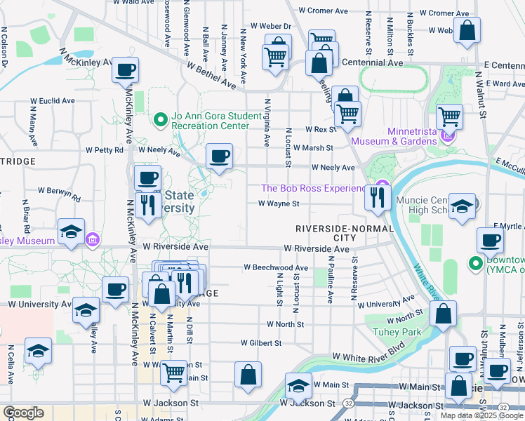 map of restaurants, bars, coffee shops, grocery stores, and more near 1200 West Riverside Avenue in Muncie