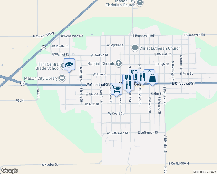 map of restaurants, bars, coffee shops, grocery stores, and more near 354-398 West Elm Street in Mason City