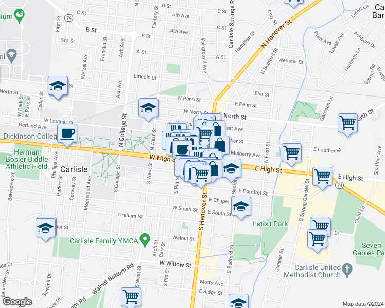 map of restaurants, bars, coffee shops, grocery stores, and more near G Street in Carlisle