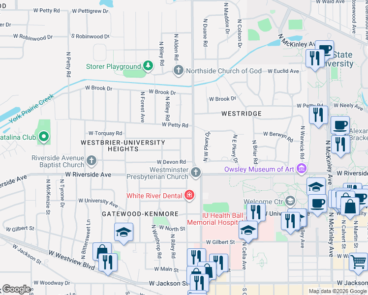map of restaurants, bars, coffee shops, grocery stores, and more near 908 North Alden Road in Muncie