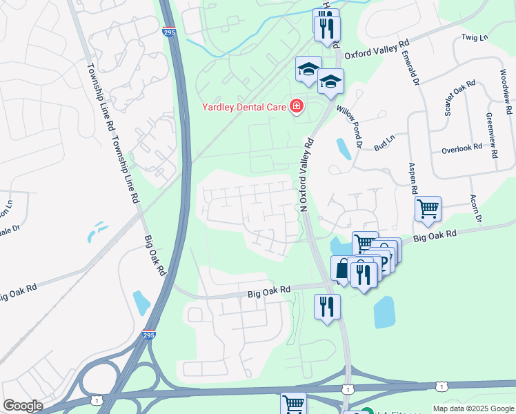 map of restaurants, bars, coffee shops, grocery stores, and more near 225 Zachary Way in Yardley