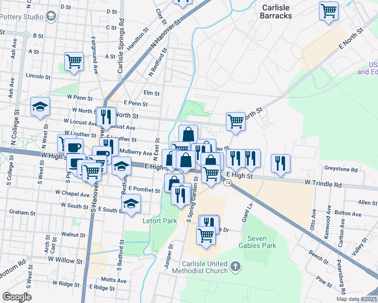 map of restaurants, bars, coffee shops, grocery stores, and more near 68 North Spring Garden Street in Carlisle
