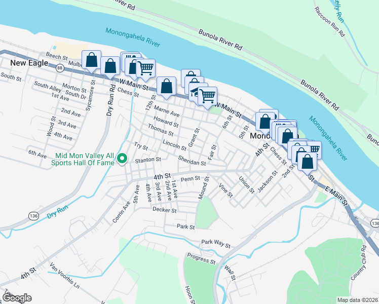 map of restaurants, bars, coffee shops, grocery stores, and more near 716 Grant Street in Monongahela