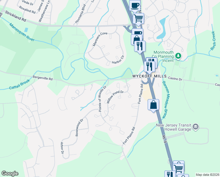 map of restaurants, bars, coffee shops, grocery stores, and more near in Howell Township