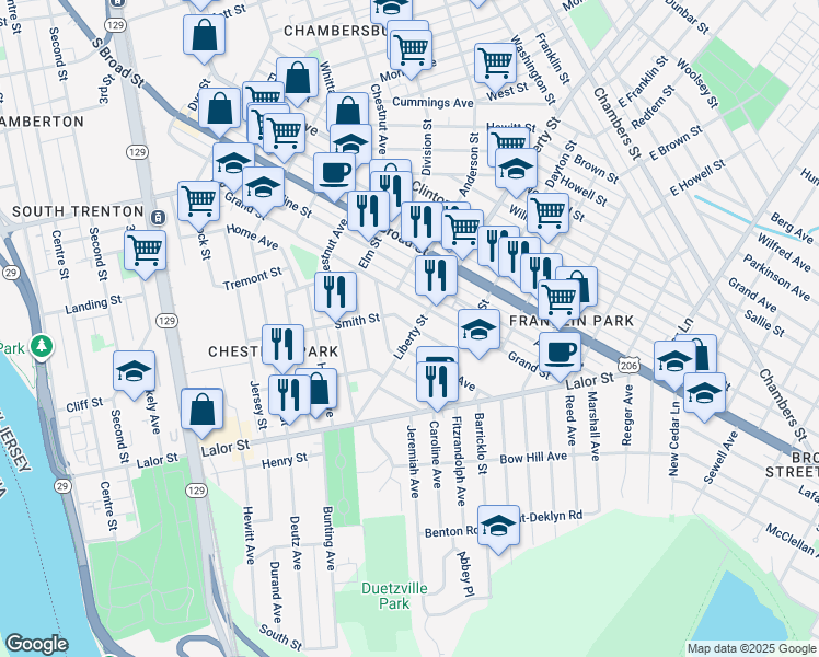 map of restaurants, bars, coffee shops, grocery stores, and more near 142 Liberty Street in Trenton