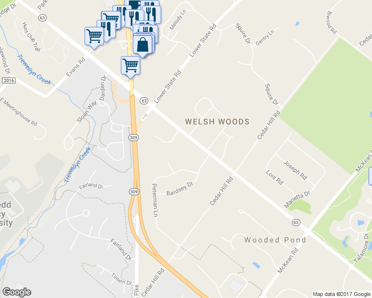 map of restaurants, bars, coffee shops, grocery stores, and more near 1032 West Welsh Road in Ambler