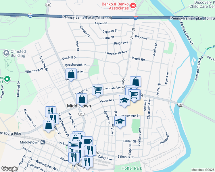 map of restaurants, bars, coffee shops, grocery stores, and more near 290 East High Street in Middletown