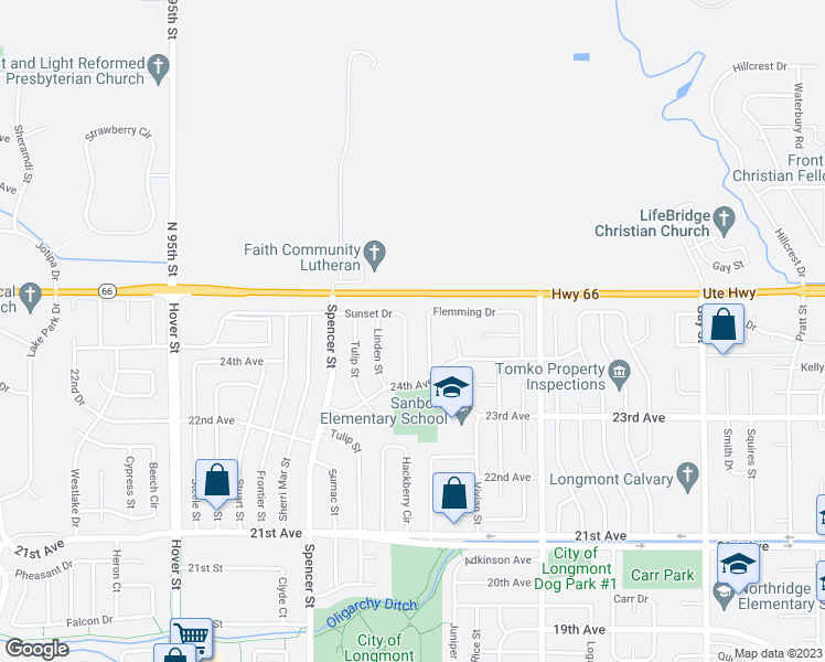 map of restaurants, bars, coffee shops, grocery stores, and more near 2432 Sunset Drive in Longmont