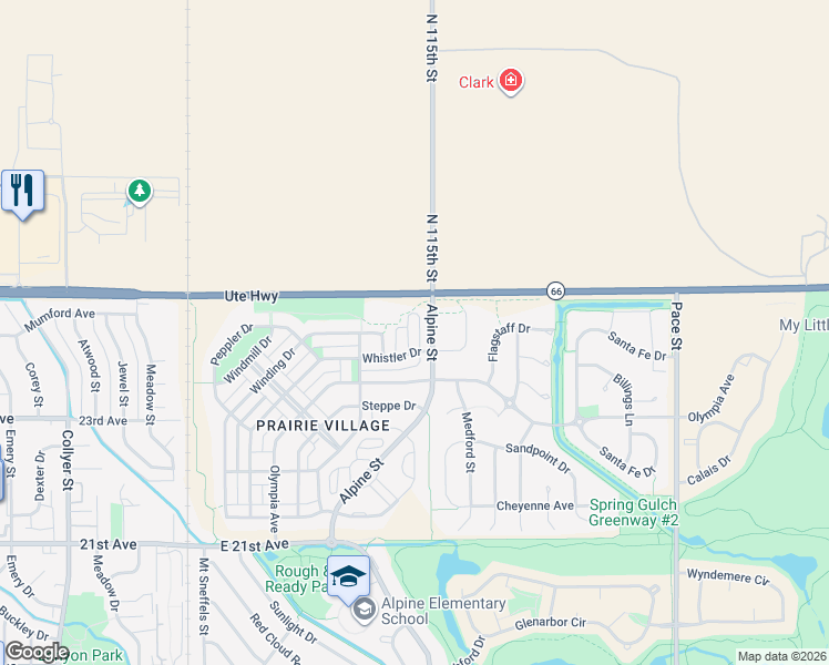 map of restaurants, bars, coffee shops, grocery stores, and more near Alpine Street in Longmont