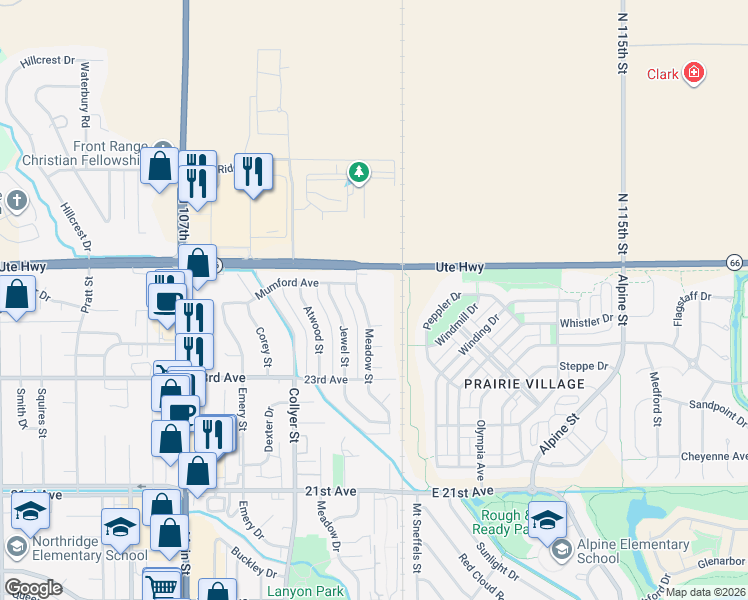 map of restaurants, bars, coffee shops, grocery stores, and more near 20 Birdsill Place in Longmont