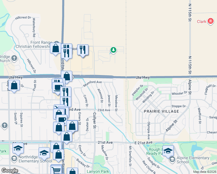 map of restaurants, bars, coffee shops, grocery stores, and more near 2419 Jewel Street in Longmont