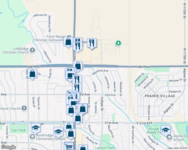 map of restaurants, bars, coffee shops, grocery stores, and more near 2414 Corey Street in Longmont