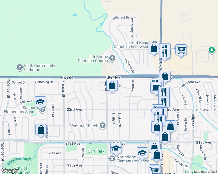 map of restaurants, bars, coffee shops, grocery stores, and more near 2402 Gordon Court in Longmont