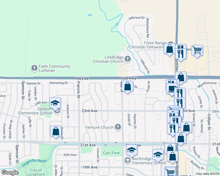 map of restaurants, bars, coffee shops, grocery stores, and more near 2406 Dodd Lane in Longmont
