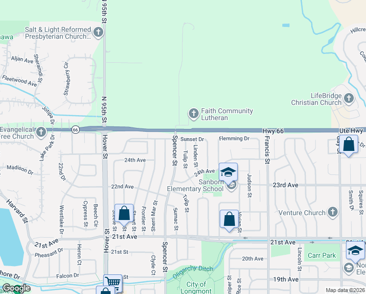 map of restaurants, bars, coffee shops, grocery stores, and more near 2448 Spencer Street in Longmont