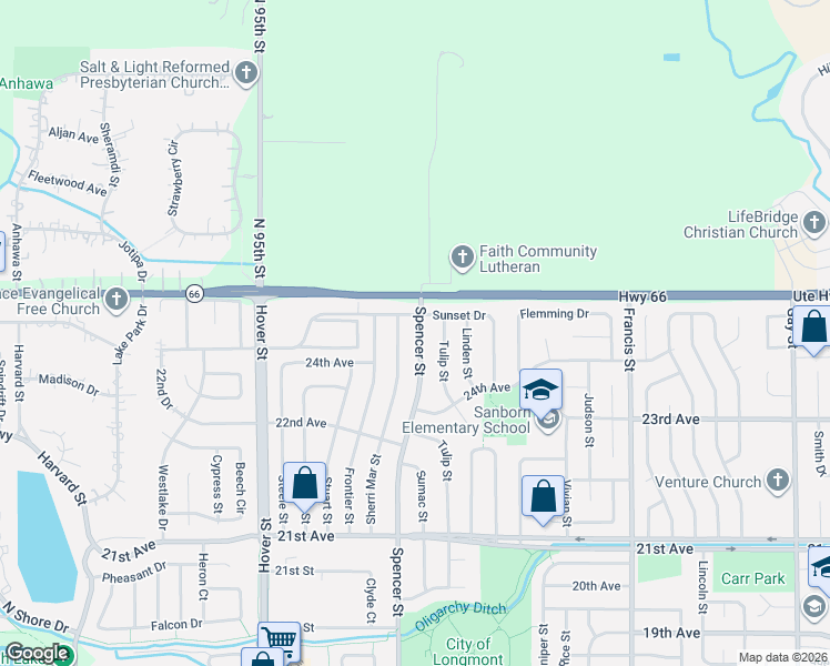 map of restaurants, bars, coffee shops, grocery stores, and more near 2448 Spencer Street in Longmont