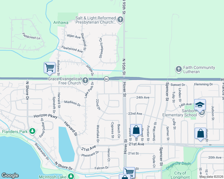 map of restaurants, bars, coffee shops, grocery stores, and more near 2501 24th Avenue in Longmont
