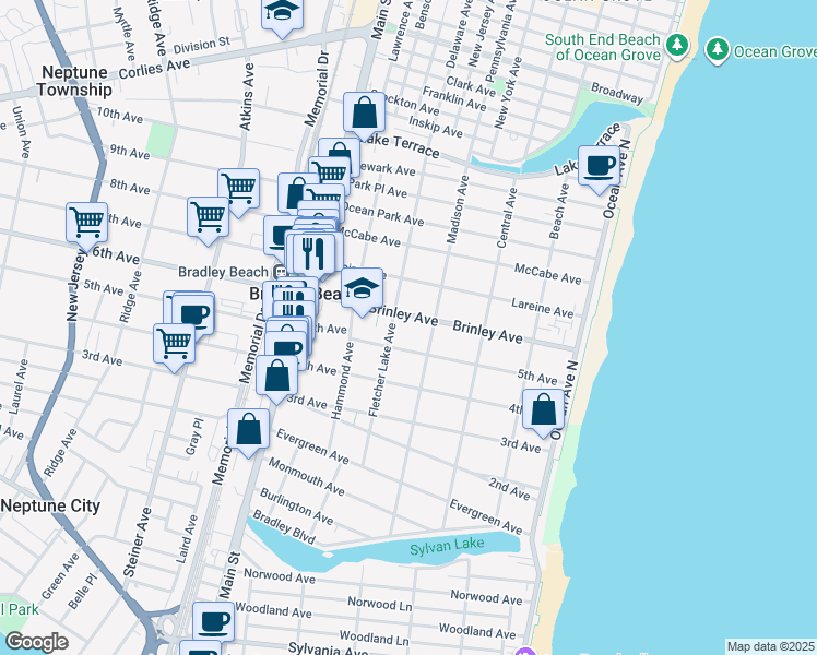 map of restaurants, bars, coffee shops, grocery stores, and more near 414 5th Avenue in Bradley Beach