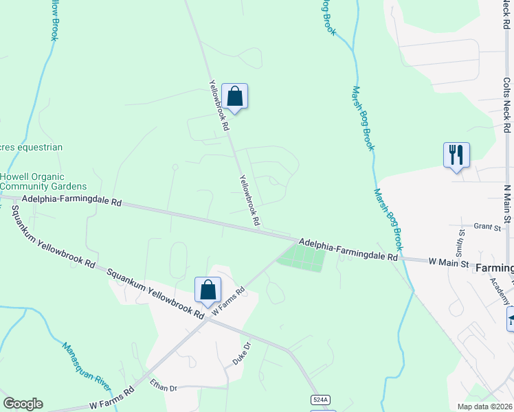 map of restaurants, bars, coffee shops, grocery stores, and more near 171 Yellowbrook Road in Farmingdale