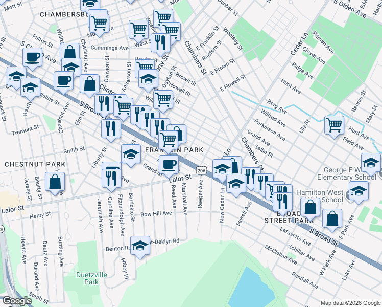 map of restaurants, bars, coffee shops, grocery stores, and more near 1450 South Broad Street in Trenton