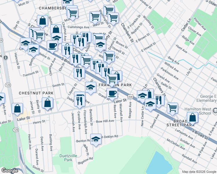 map of restaurants, bars, coffee shops, grocery stores, and more near 1108 Adeline Street in Trenton