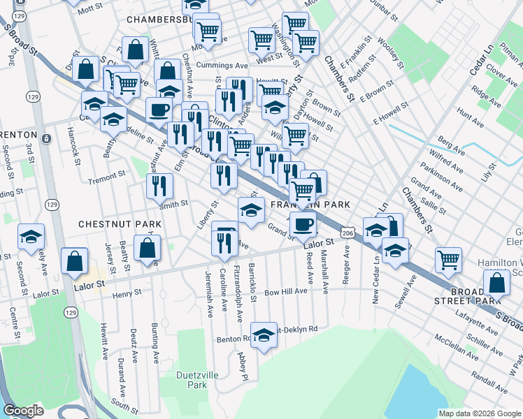 map of restaurants, bars, coffee shops, grocery stores, and more near 812 Grand Street in Trenton