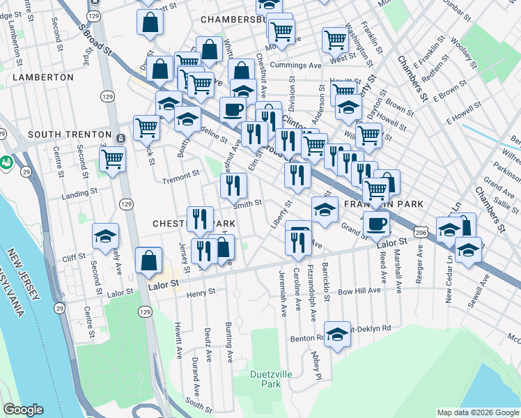 map of restaurants, bars, coffee shops, grocery stores, and more near 104 Liberty Street in Trenton