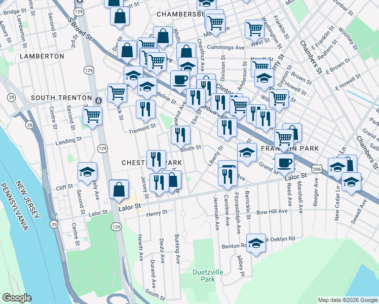 map of restaurants, bars, coffee shops, grocery stores, and more near 145 Barnt Avenue in Trenton