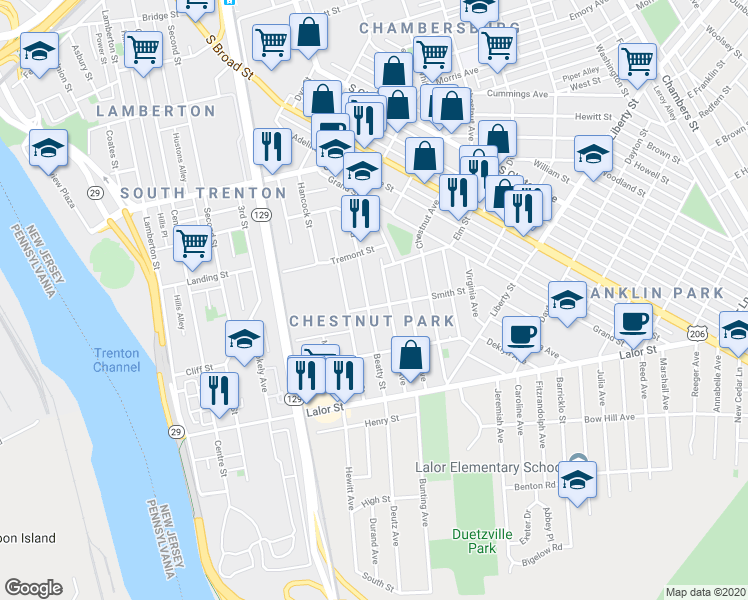 map of restaurants, bars, coffee shops, grocery stores, and more near 820 Beatty Street in Trenton