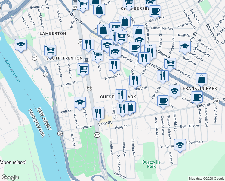 map of restaurants, bars, coffee shops, grocery stores, and more near 208 Jersey Street in Trenton